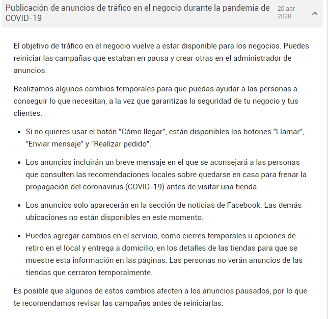 retraso de anuncios tráfico facebook con el covid-19